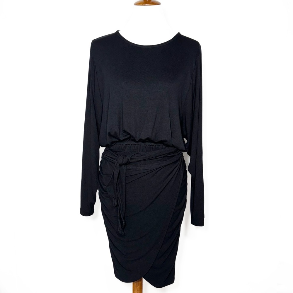 NWT Free People Black Wrap Tie Waist Dolman Long Sleeve Knit LBD Mini Dress M - Picture 3 of 12
